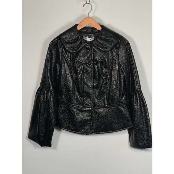 NWT Svetlana Unique Black Shiny Lame Bell Sleeve Button Front Jacket Wide Collar - Picture 7 of 13